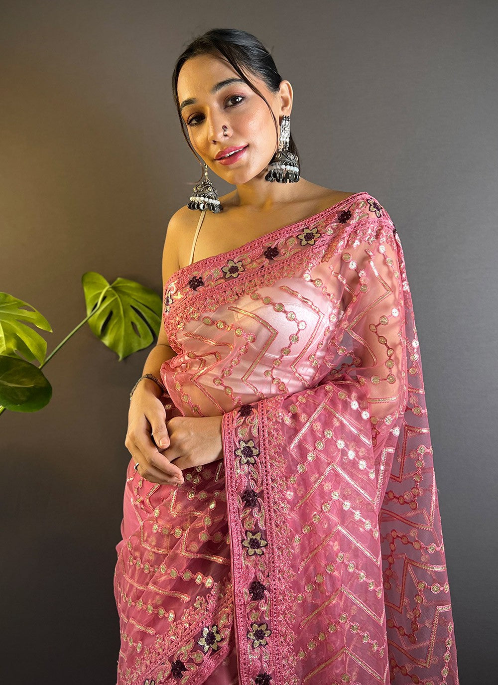 Classic Embroidered Net Pink Saree - S10685