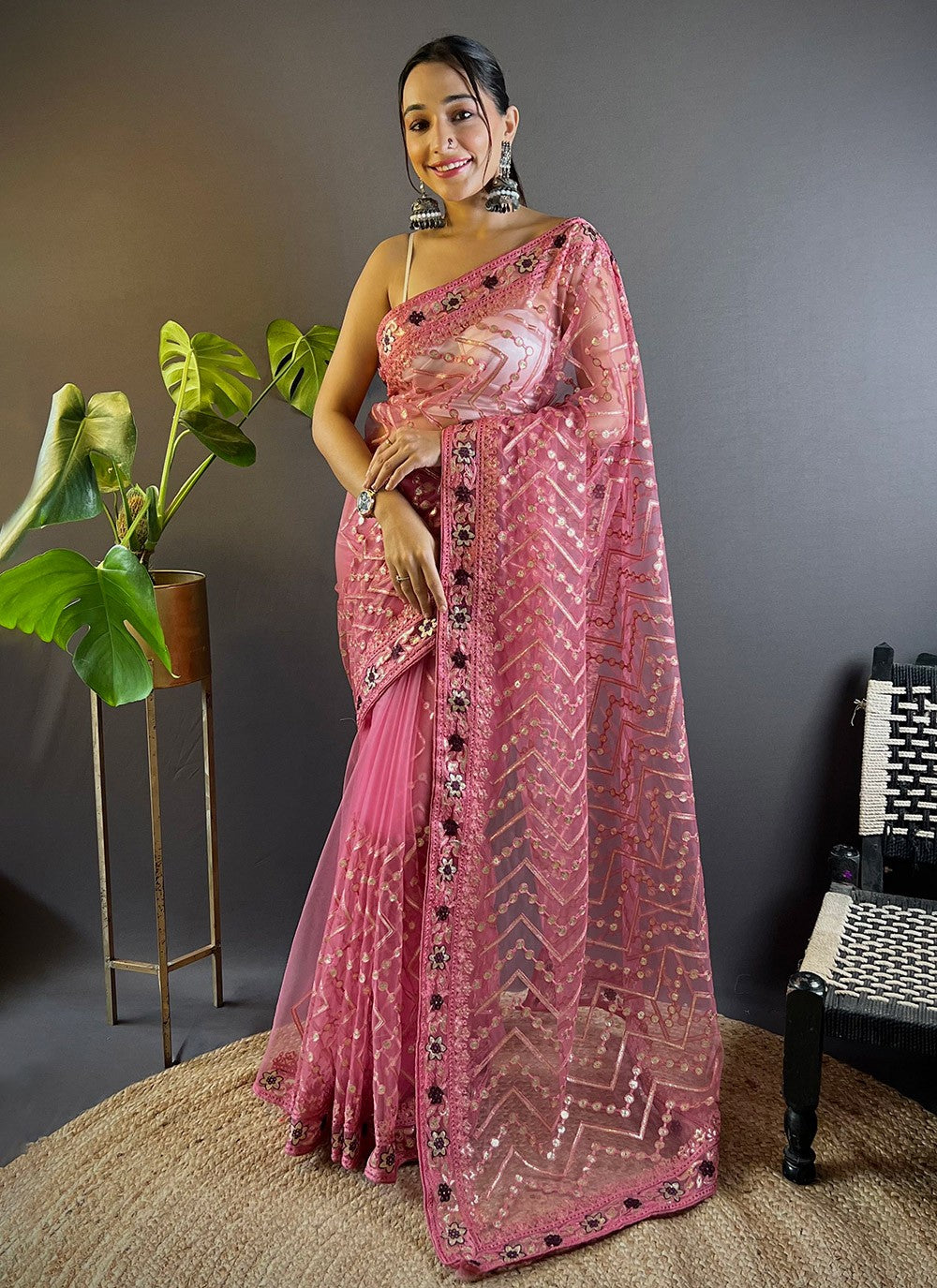 Trendy Embroidered Net Saree - S10598