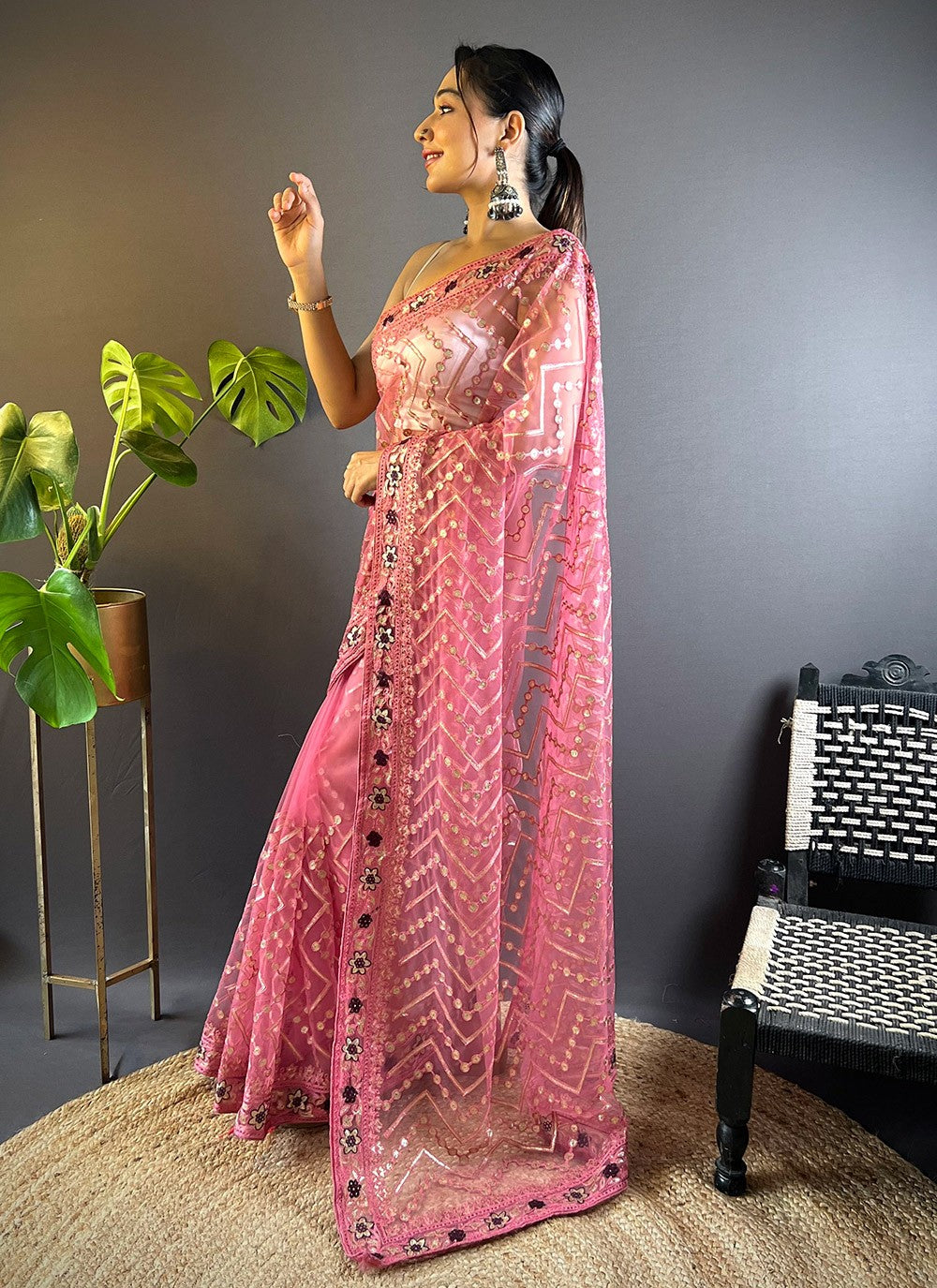 Trendy Embroidered Net Saree - S10598