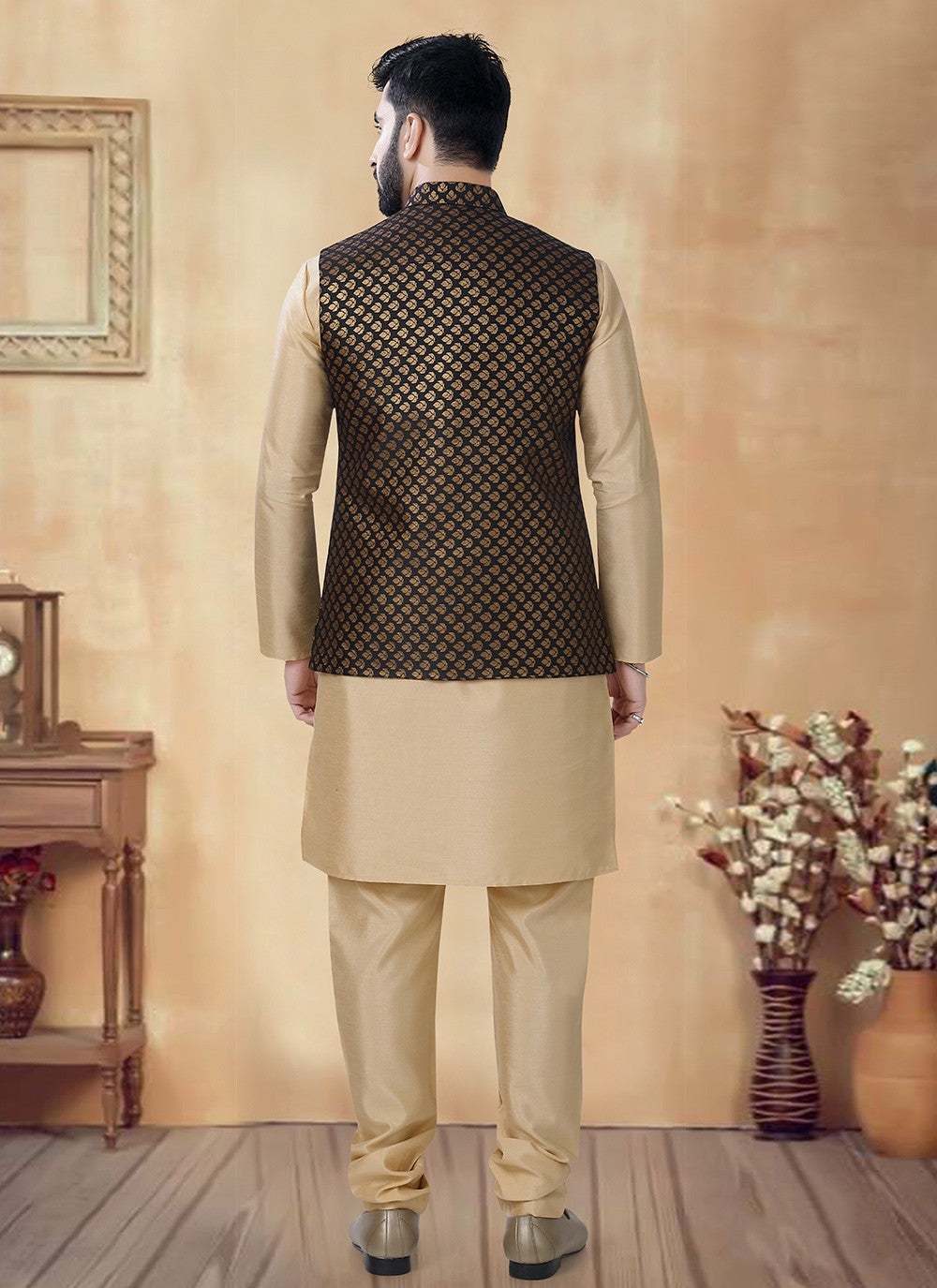 Sequins Silk Black, Gold Kurta Payjama With Jacket - M8480