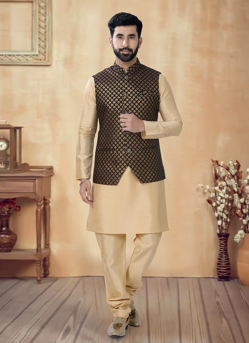 Sequins Silk Black, Gold Kurta Payjama With Jacket - M8480