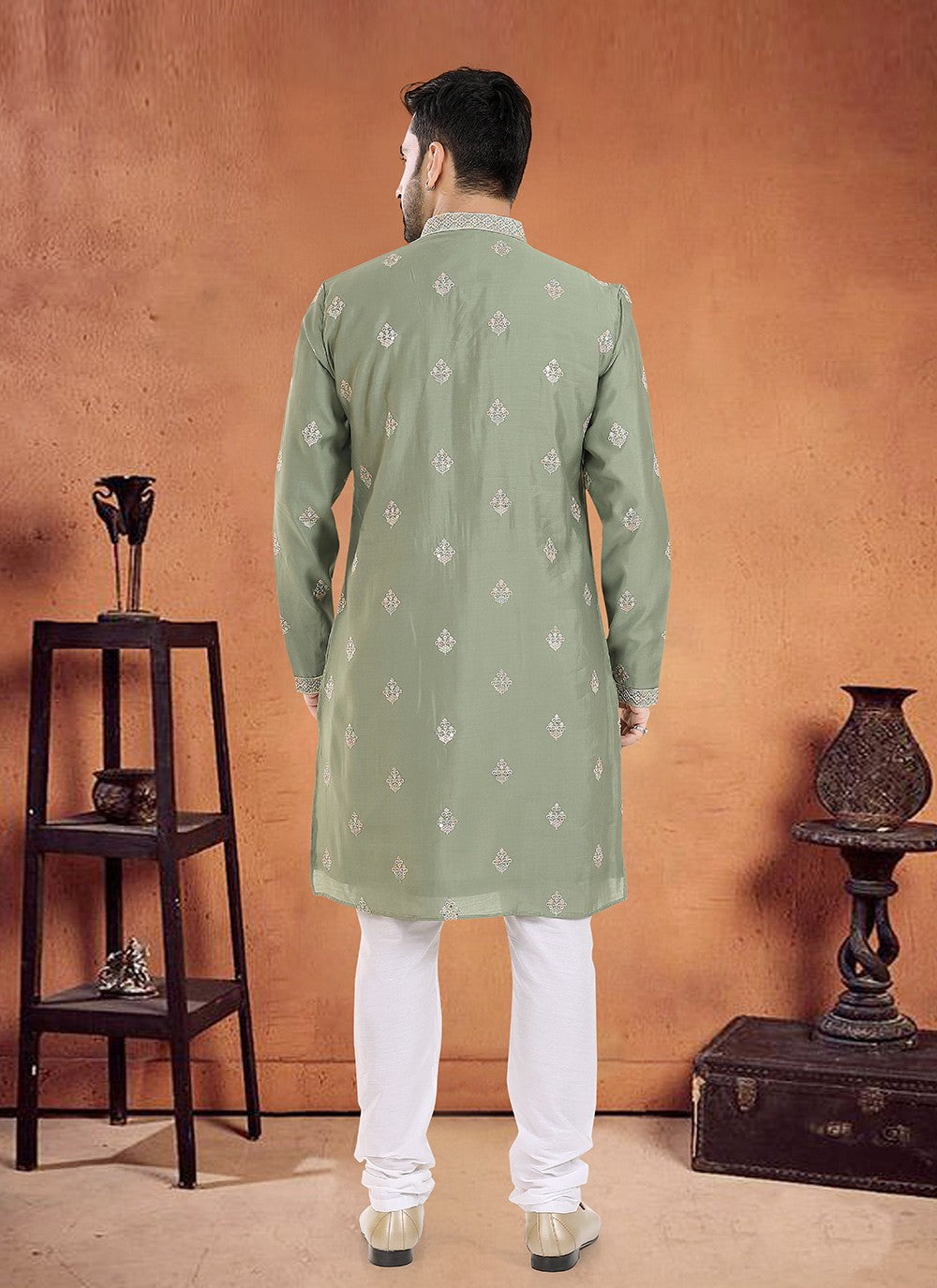 Embroidered Silk Green Kurta Pyjama - M8099