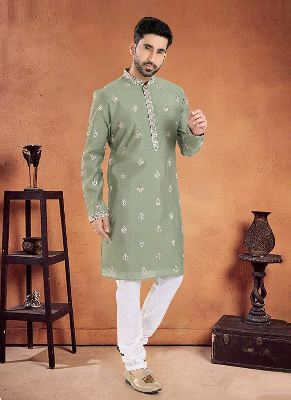 Embroidered Silk Green Kurta Pyjama - M8099