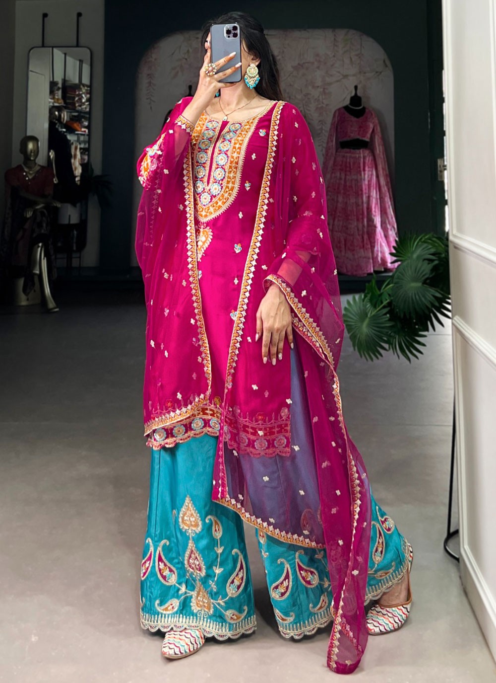 Embroidered Silk Palazzo Suit - T4821