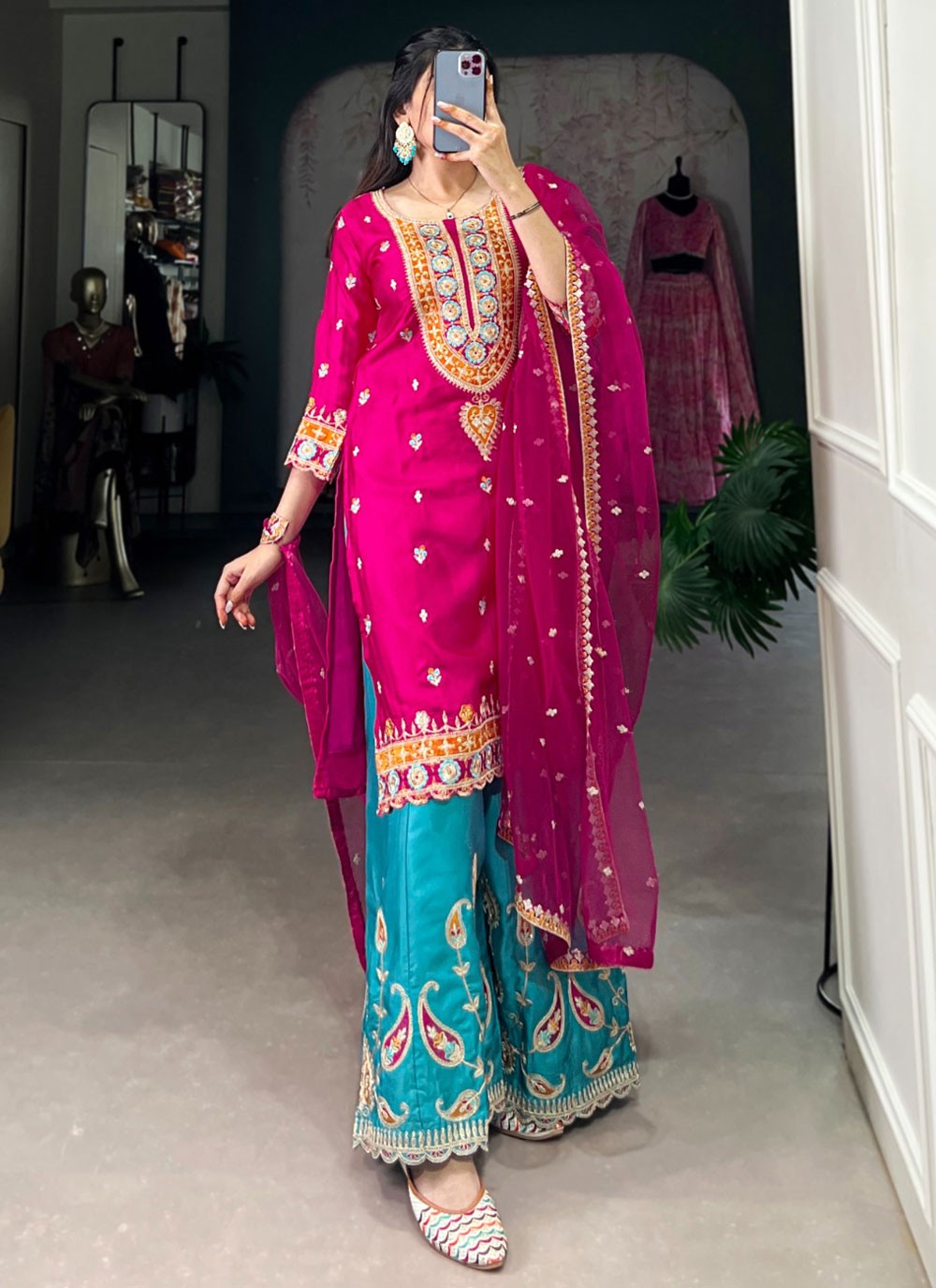 Embroidered Silk Palazzo Suit - T4821