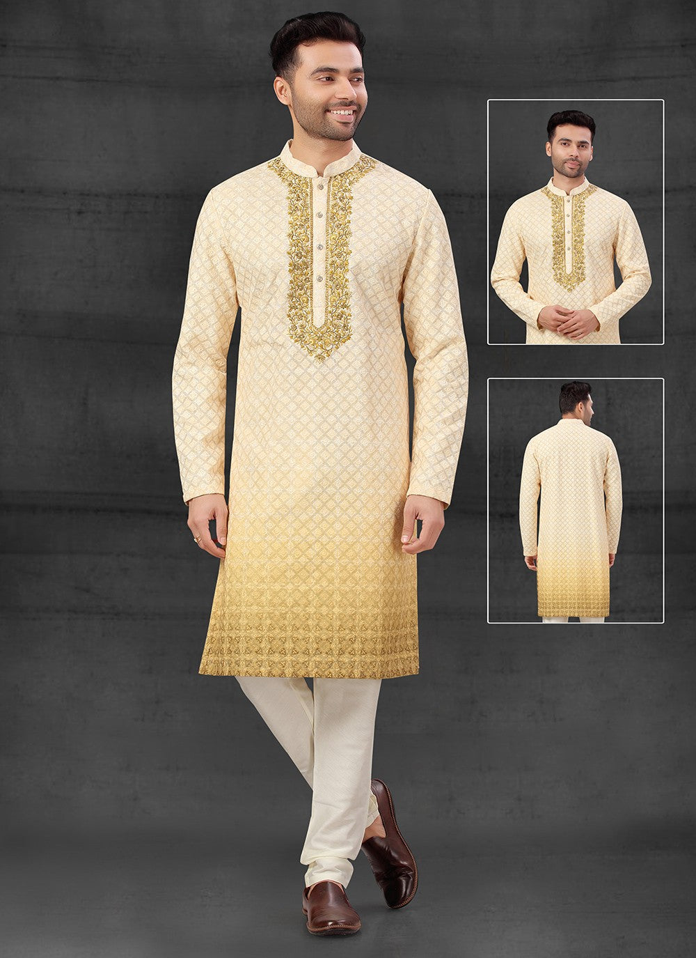 Thread Cotton Silk Yellow Kurta Pyjama - M4094