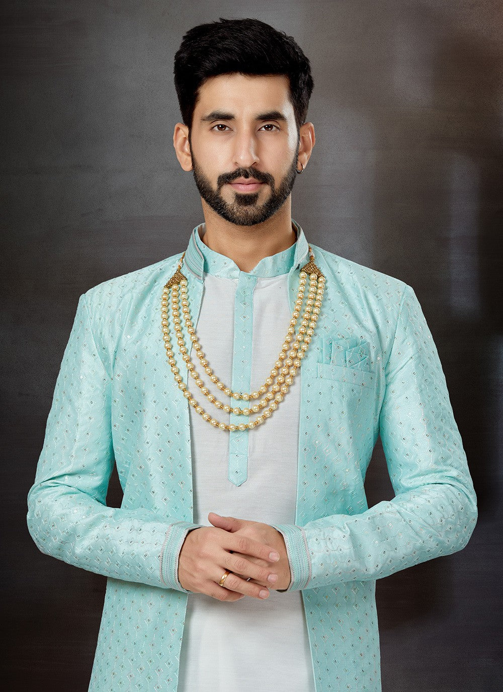 Embroidered Dupion Silk, Jacquard Firozi, Off White Indo Western Sherwani - M4814