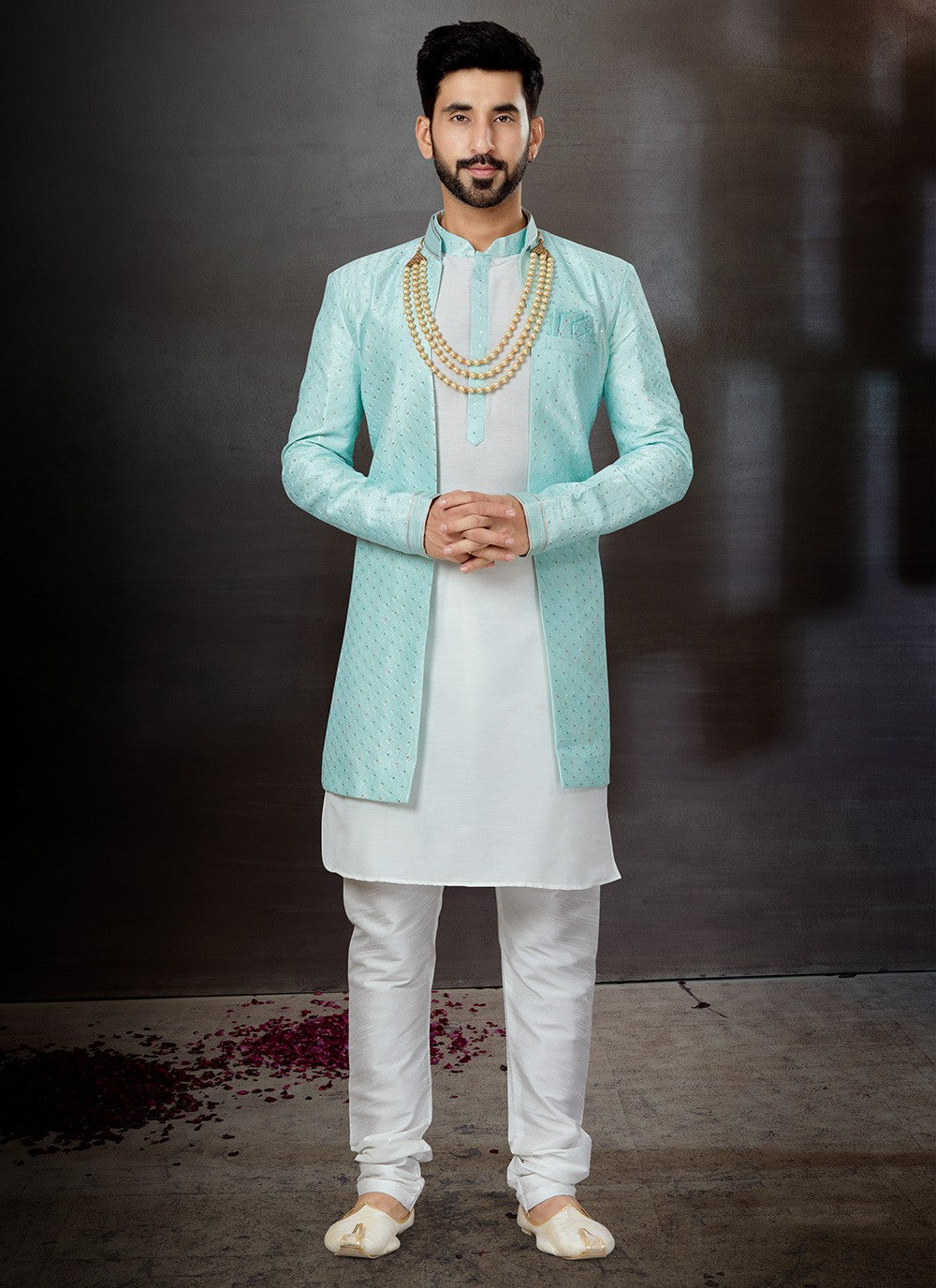 Embroidered Dupion Silk, Jacquard Firozi, Off White Indo Western Sherwani - M4814