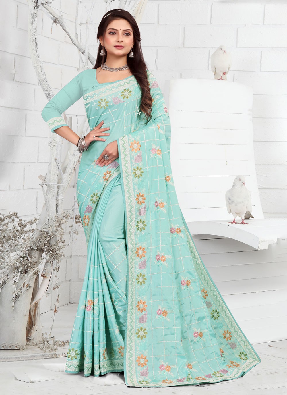 Classic Embroidered Faux Crepe Saree - S3733