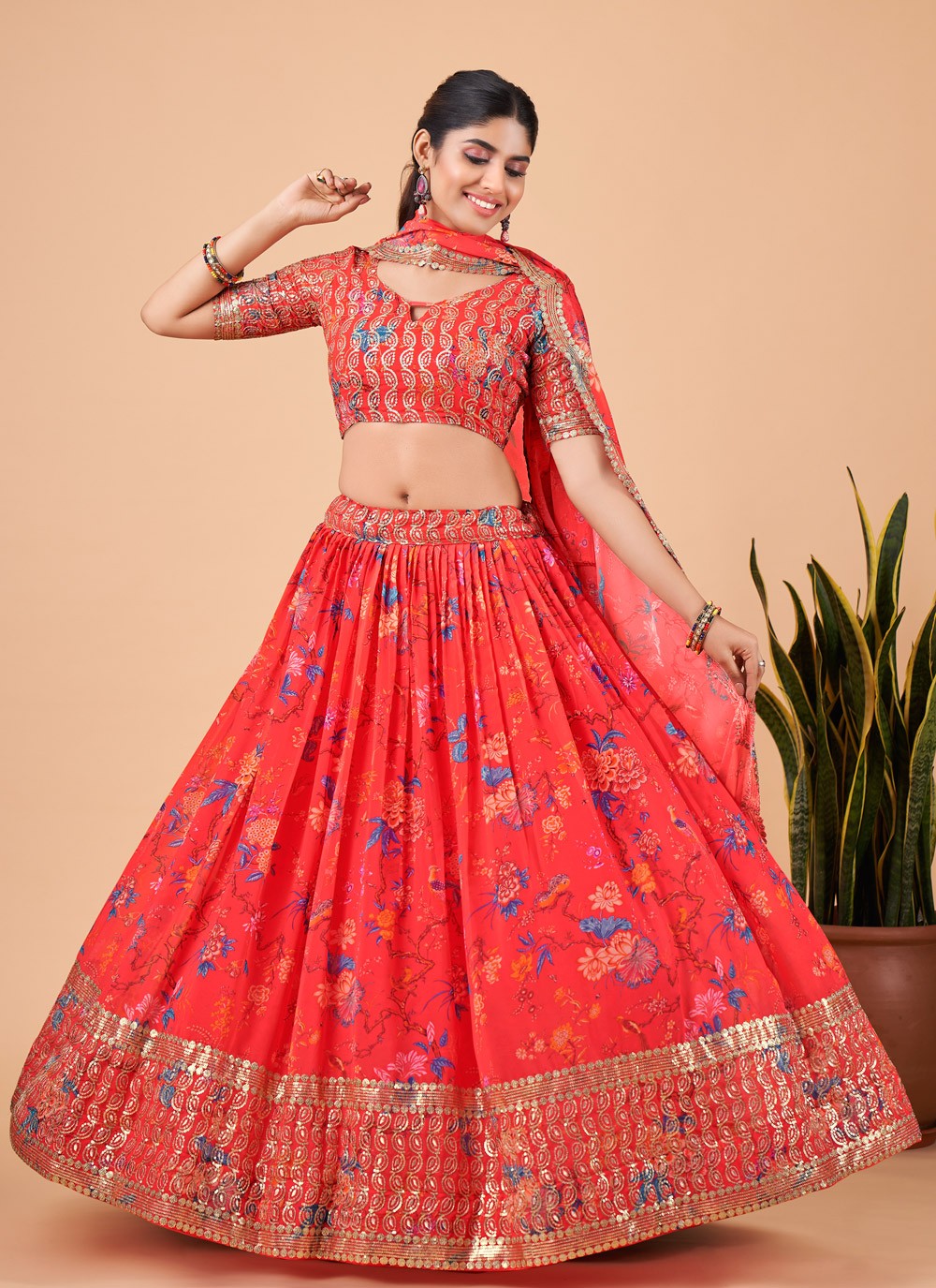 Embroidered Faux Georgette A - Line Lehenga - L0755