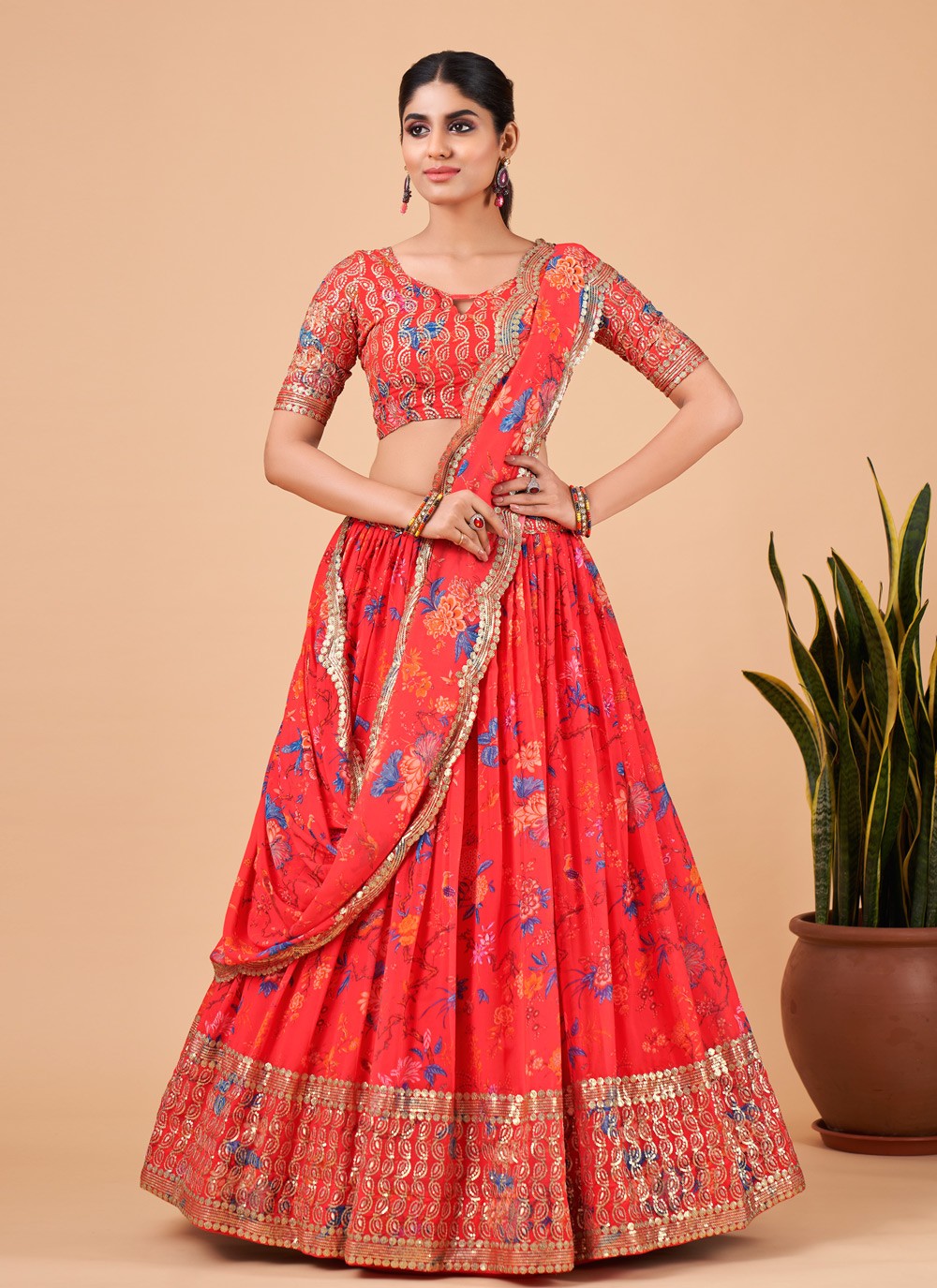 Embroidered Faux Georgette A - Line Lehenga - L0755