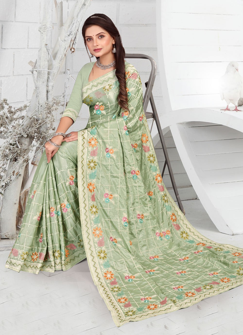 Classic Embroidered Faux Crepe Saree - S3733