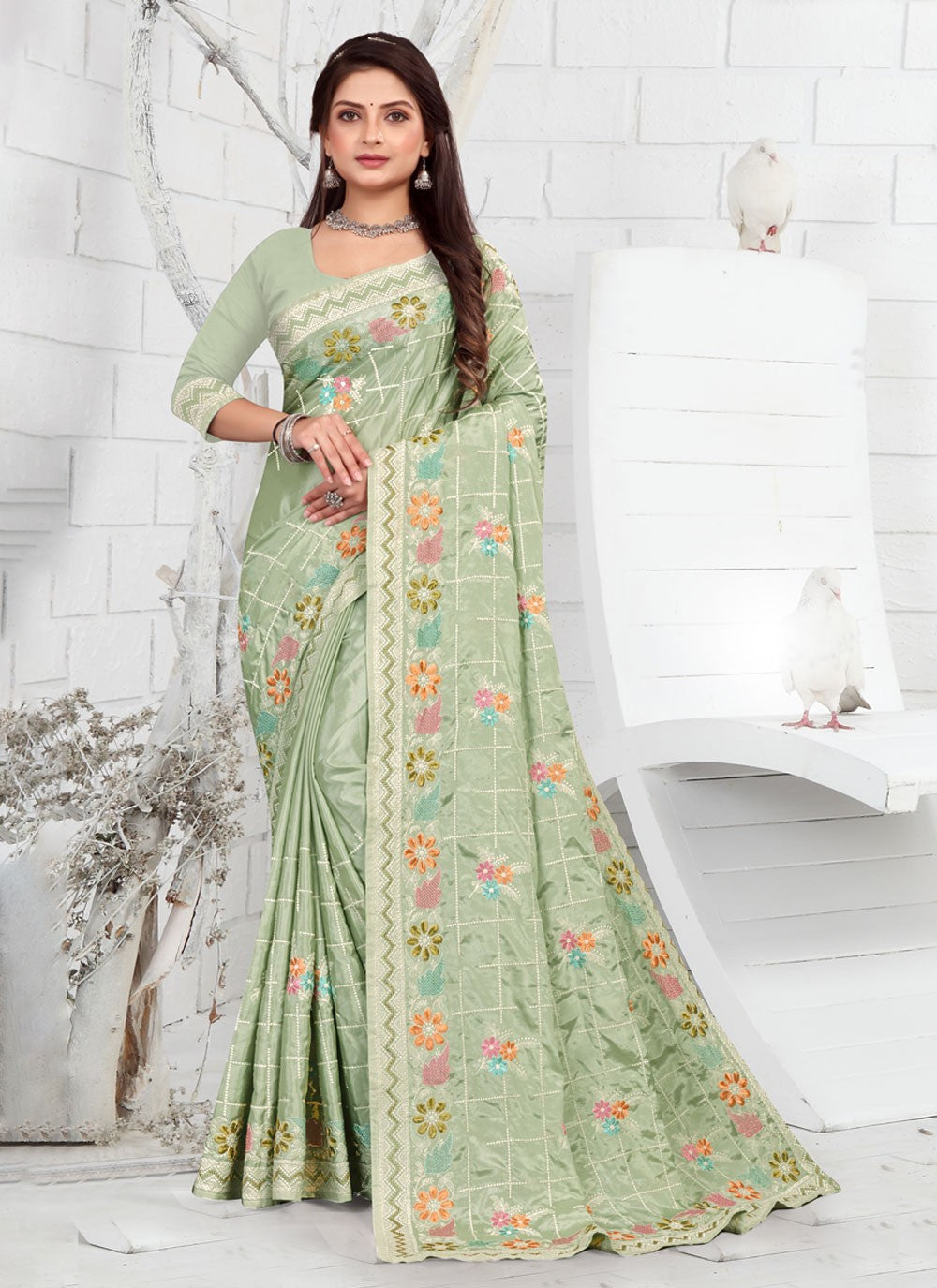 Classic Embroidered Faux Crepe Saree - S3733