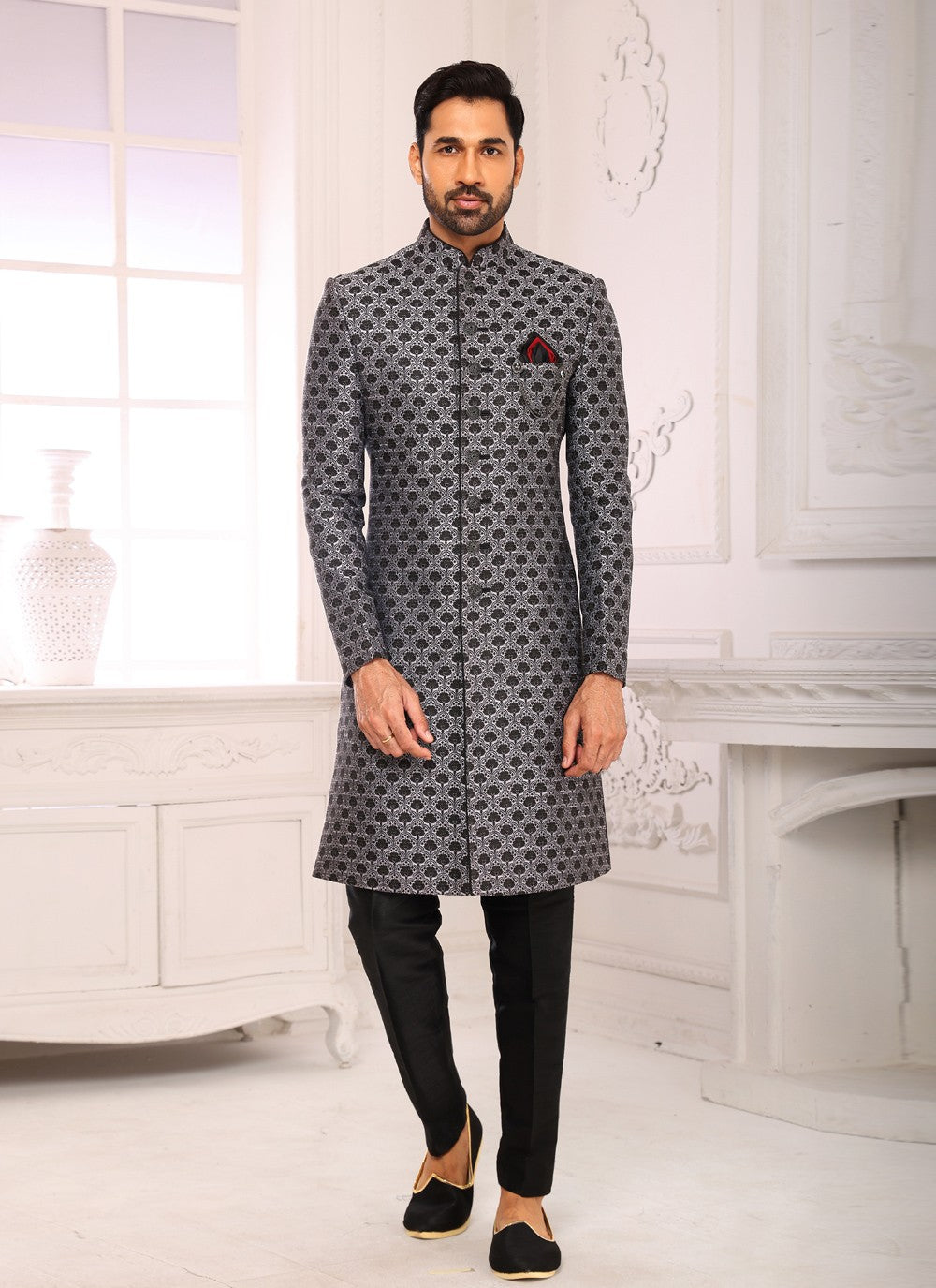 Embroidered Imported, Jacquard Grey Indo Western - M3795