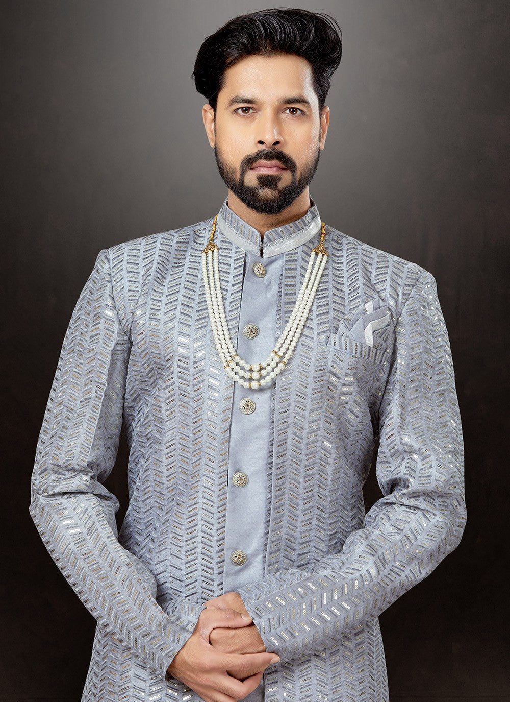 Embroidered Jacquard Grey Indo Western Sherwani - M4827