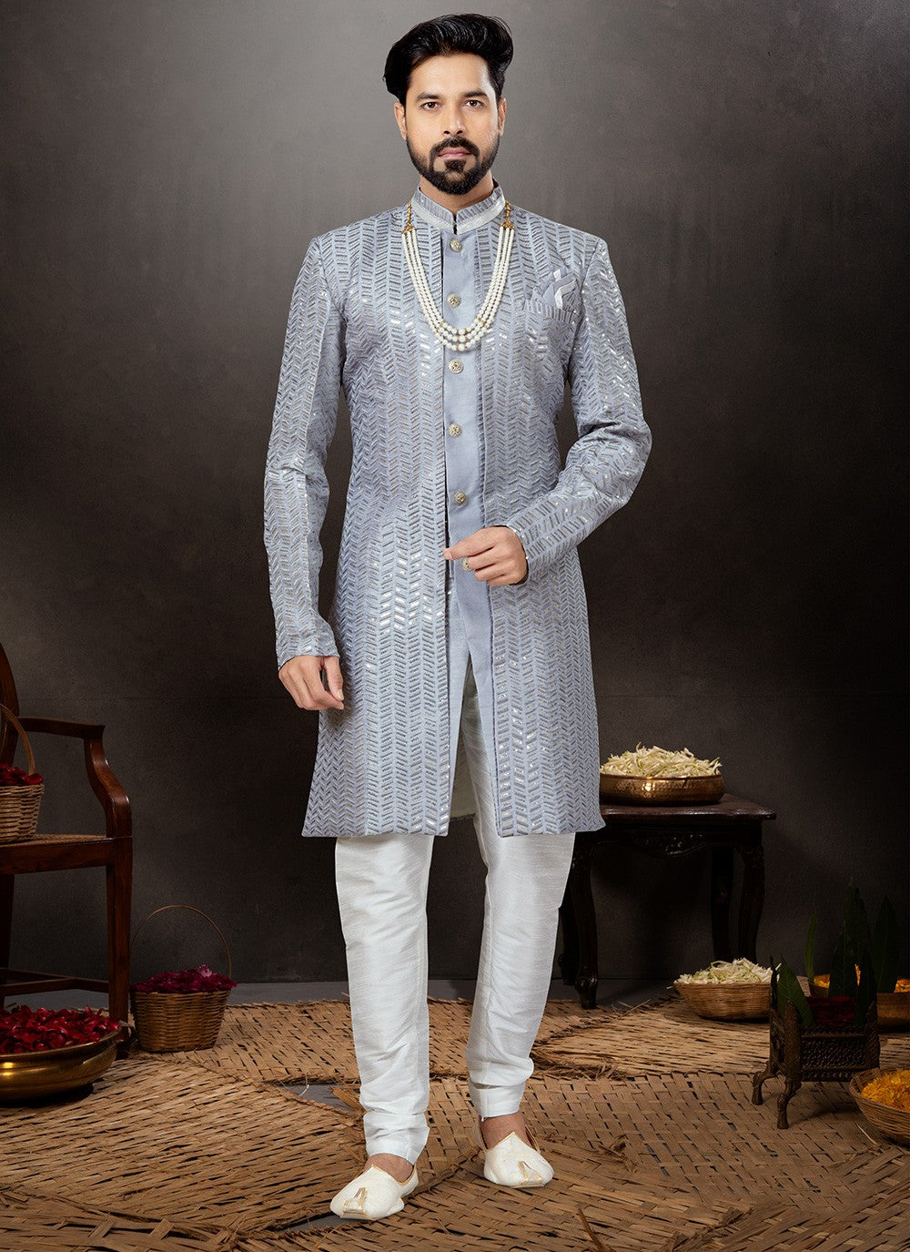 Embroidered Jacquard Grey Indo Western Sherwani - M4827