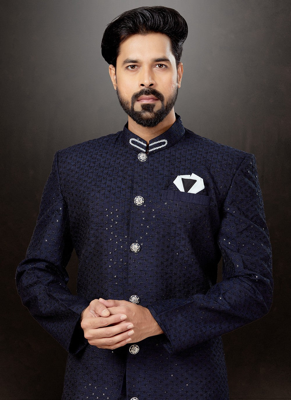 Embroidered Jacquard Navy Blue Indo Western Sherwani - M4828