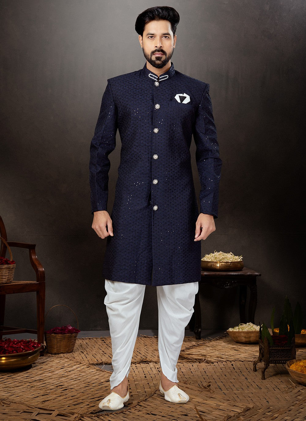 Embroidered Jacquard Navy Blue Indo Western Sherwani - M4828