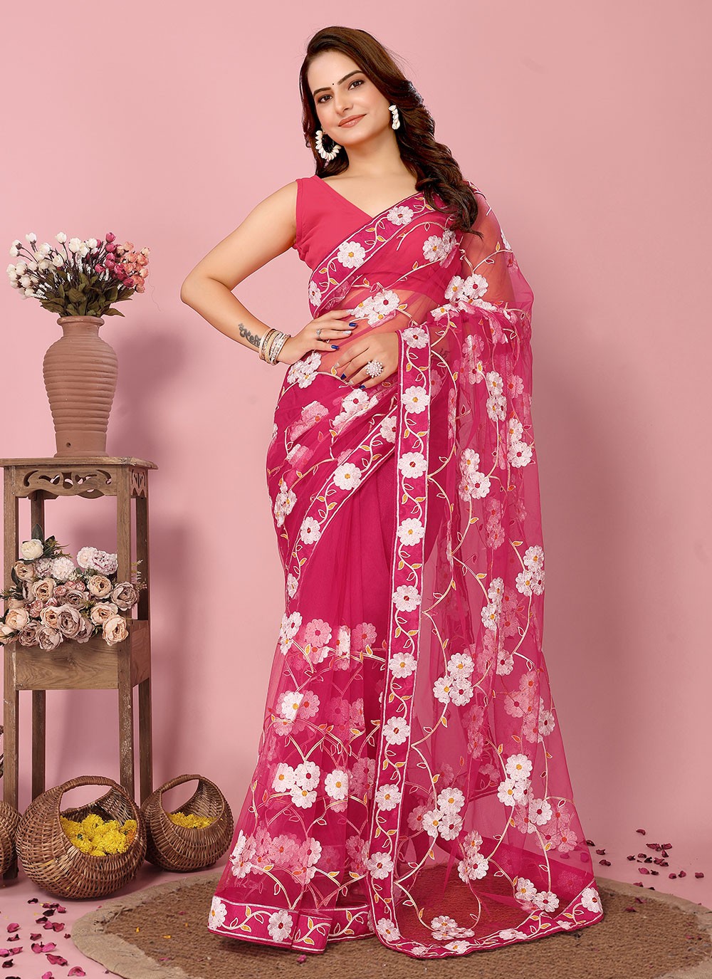 Classic Embroidered Net Saree - S6894