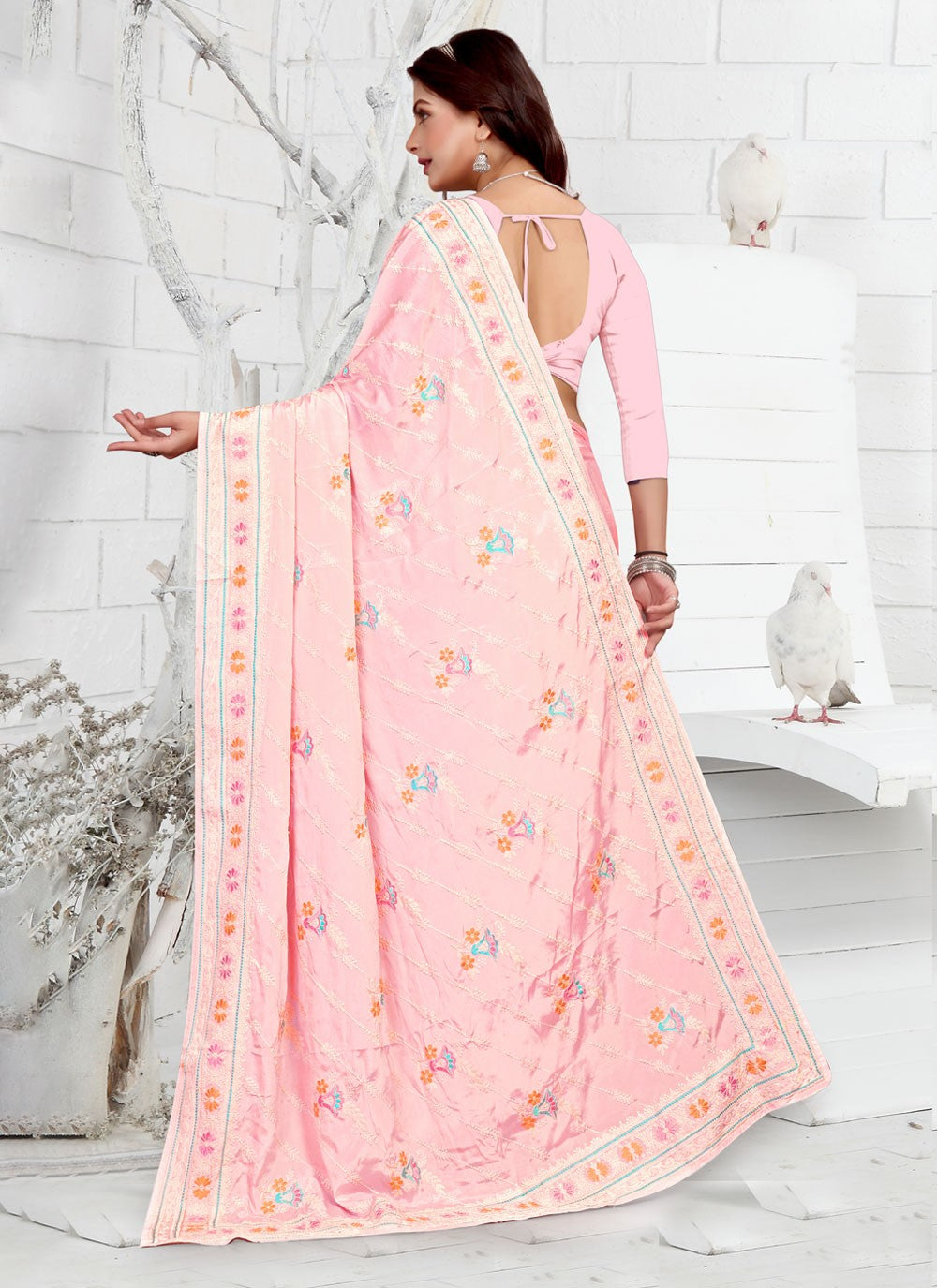 Classic Embroidered Faux Crepe Saree - S3733