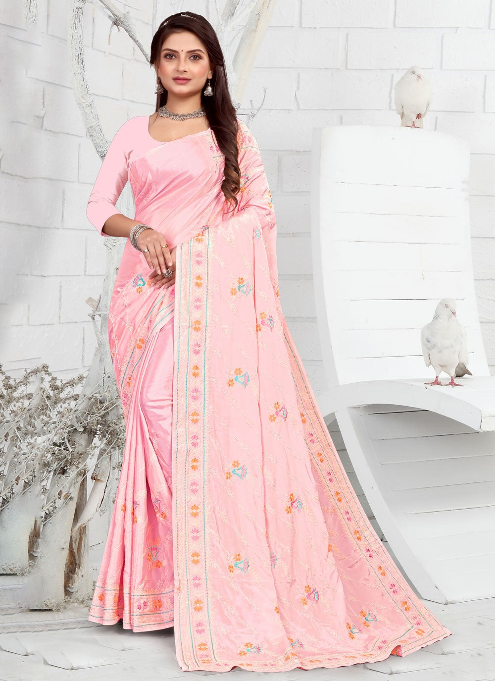 Classic Embroidered Faux Crepe Saree - S3733