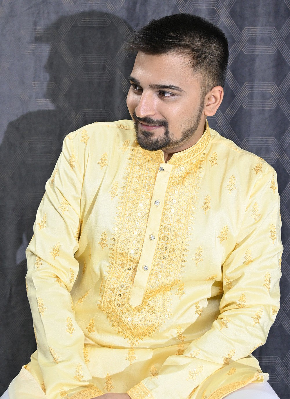 Embroidered Silk Yellow Kurta Pyjama - M6201