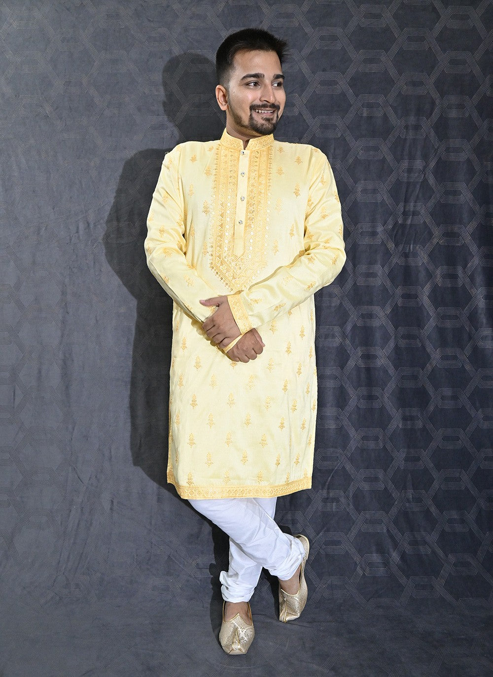 Embroidered Silk Yellow Kurta Pyjama - M6201