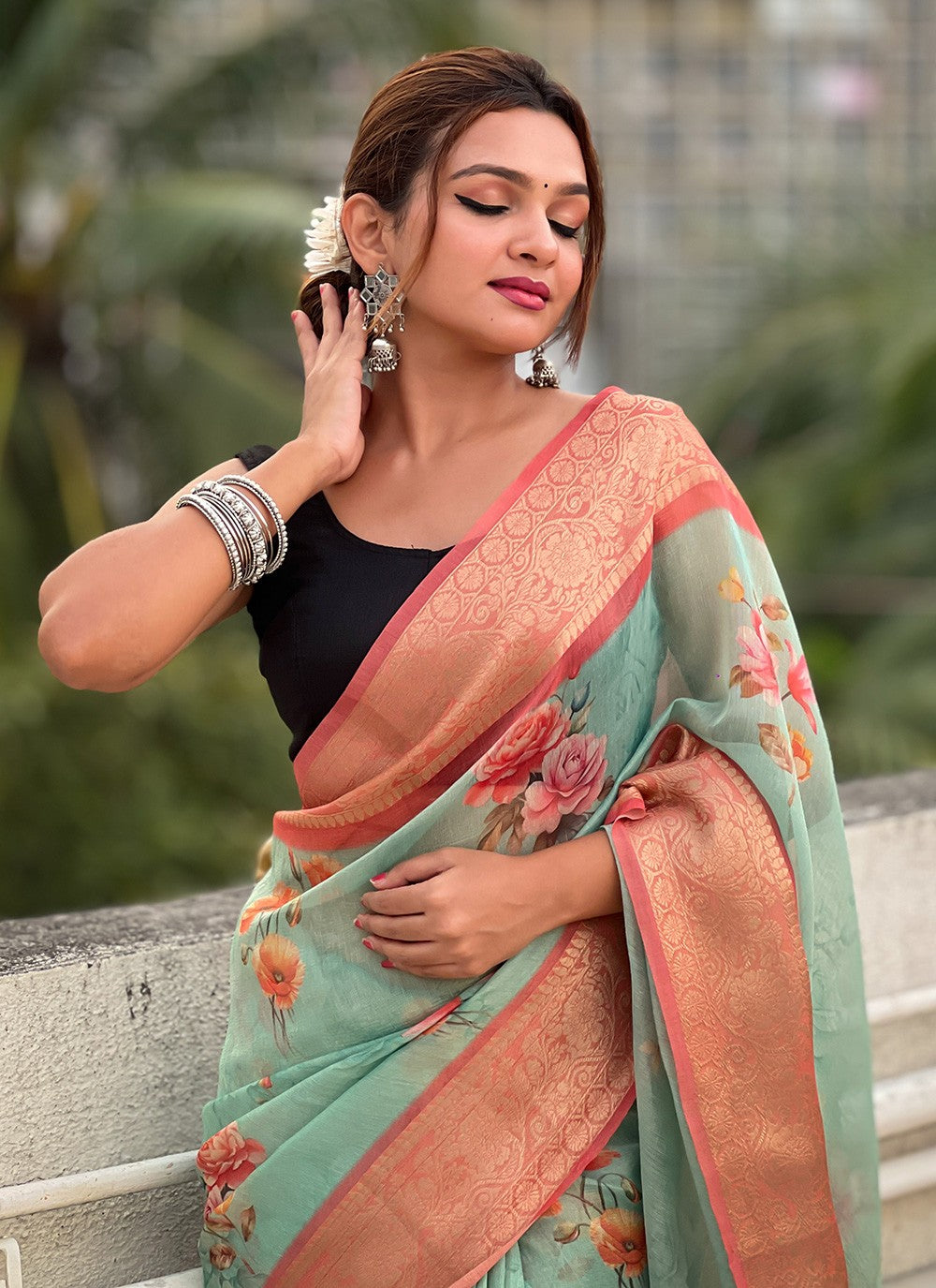 Classic Floral Printed Crush, Tissue Saree - S9573