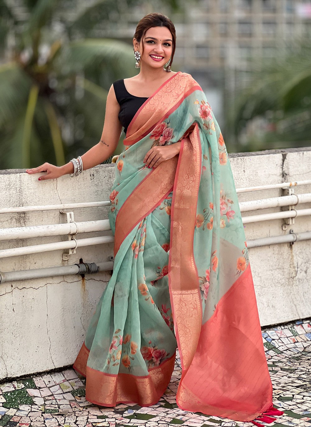 Classic Floral Printed Crush, Tissue Saree - S9573