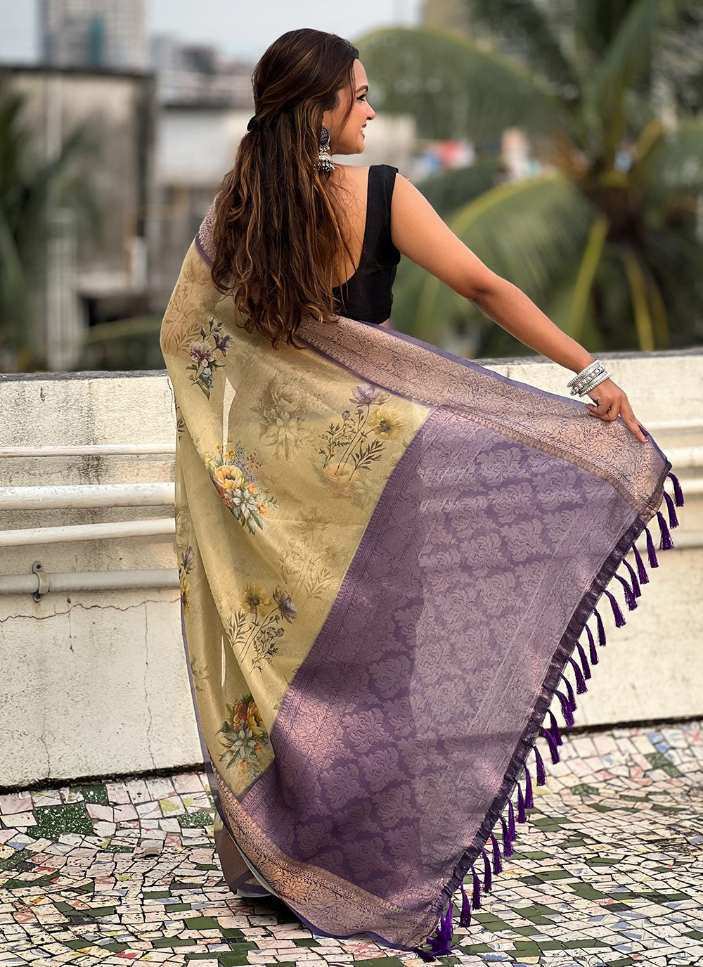 Classic Floral Printed Crush, Tissue Saree - S9573