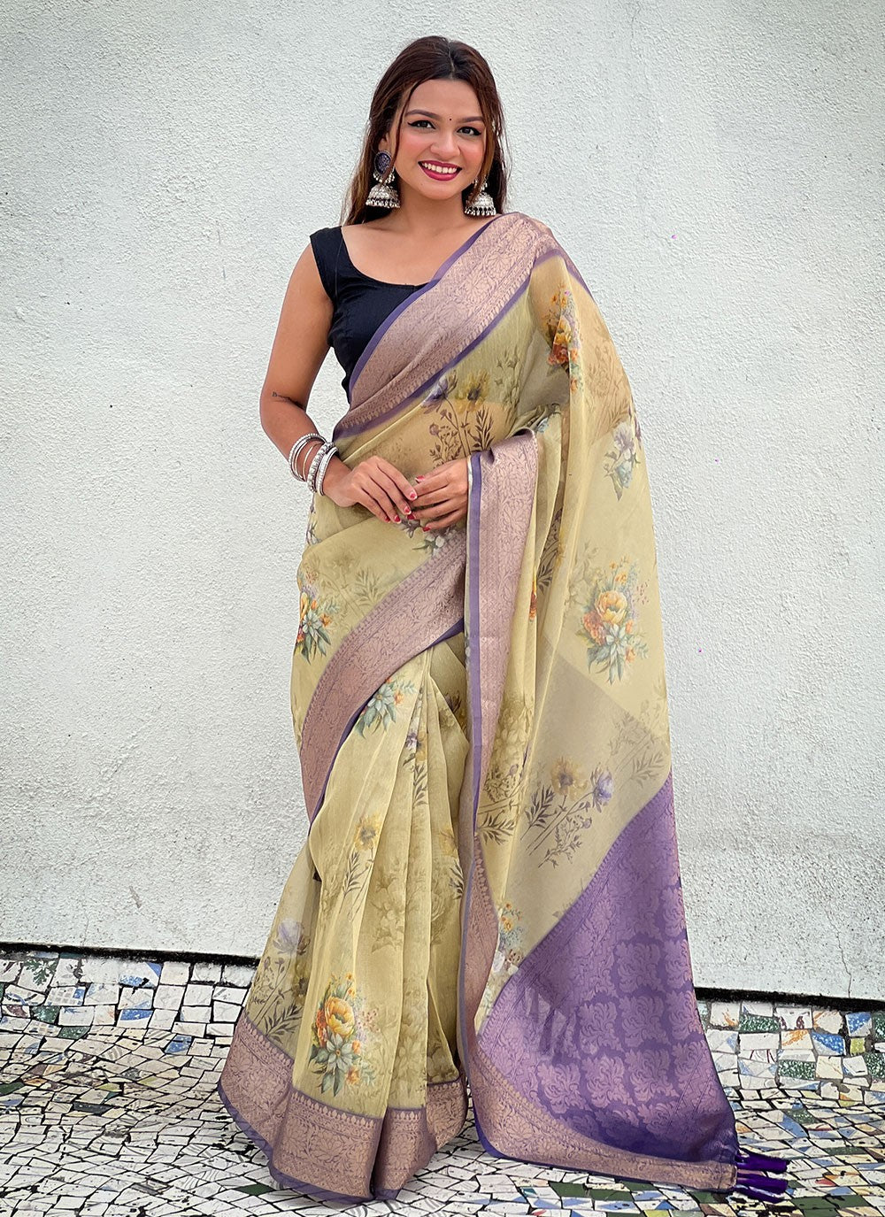 Classic Floral Printed Crush, Tissue Saree - S9573