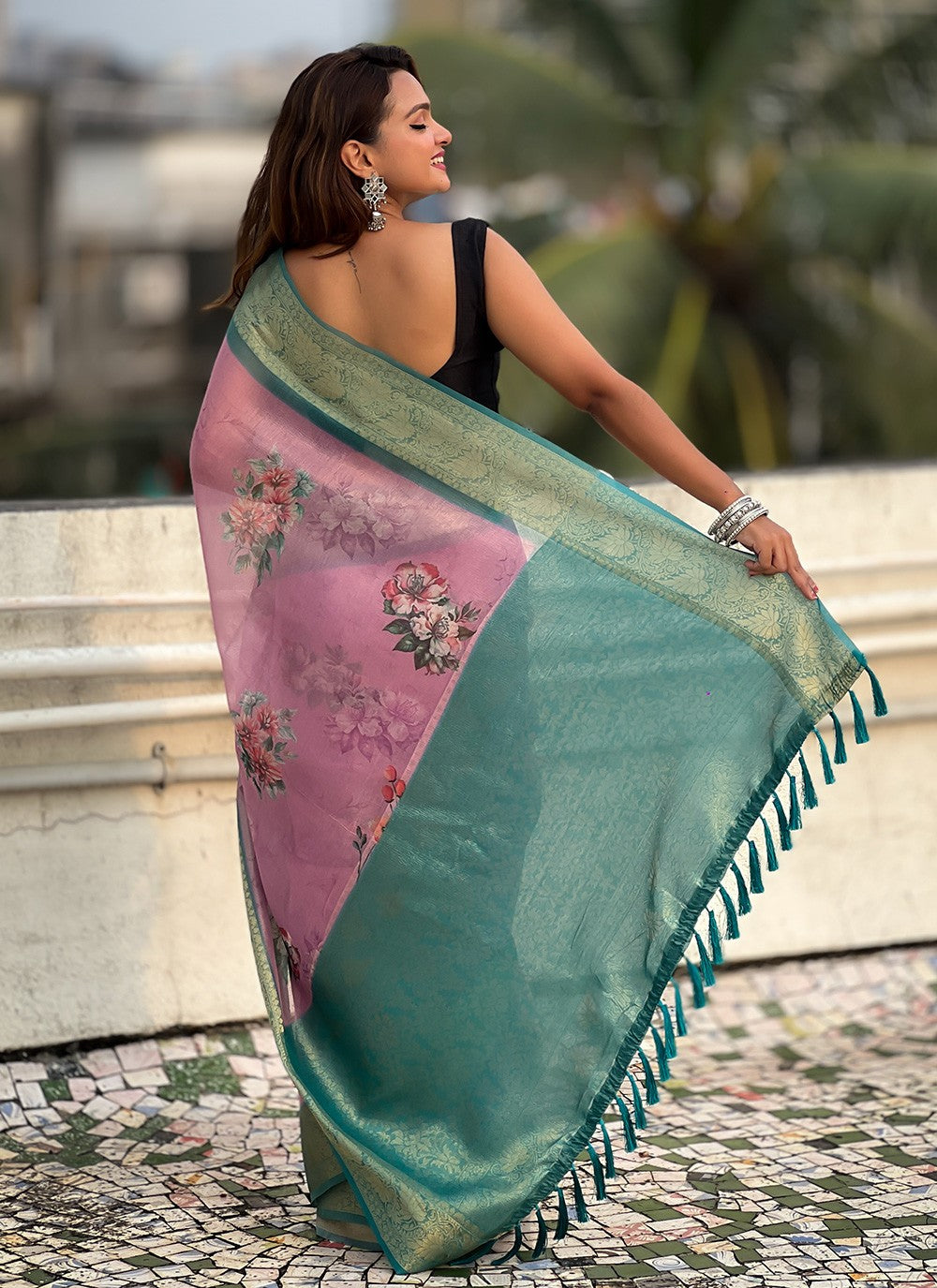 Classic Floral Printed Crush, Tissue Saree - S9573