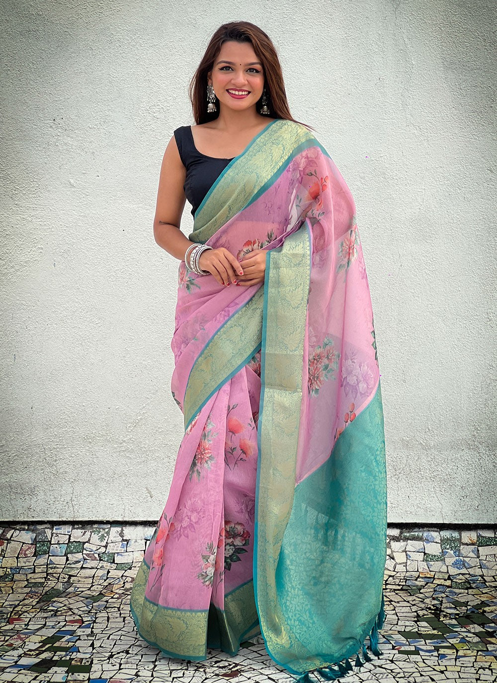 Classic Floral Printed Crush, Tissue Saree - S9573