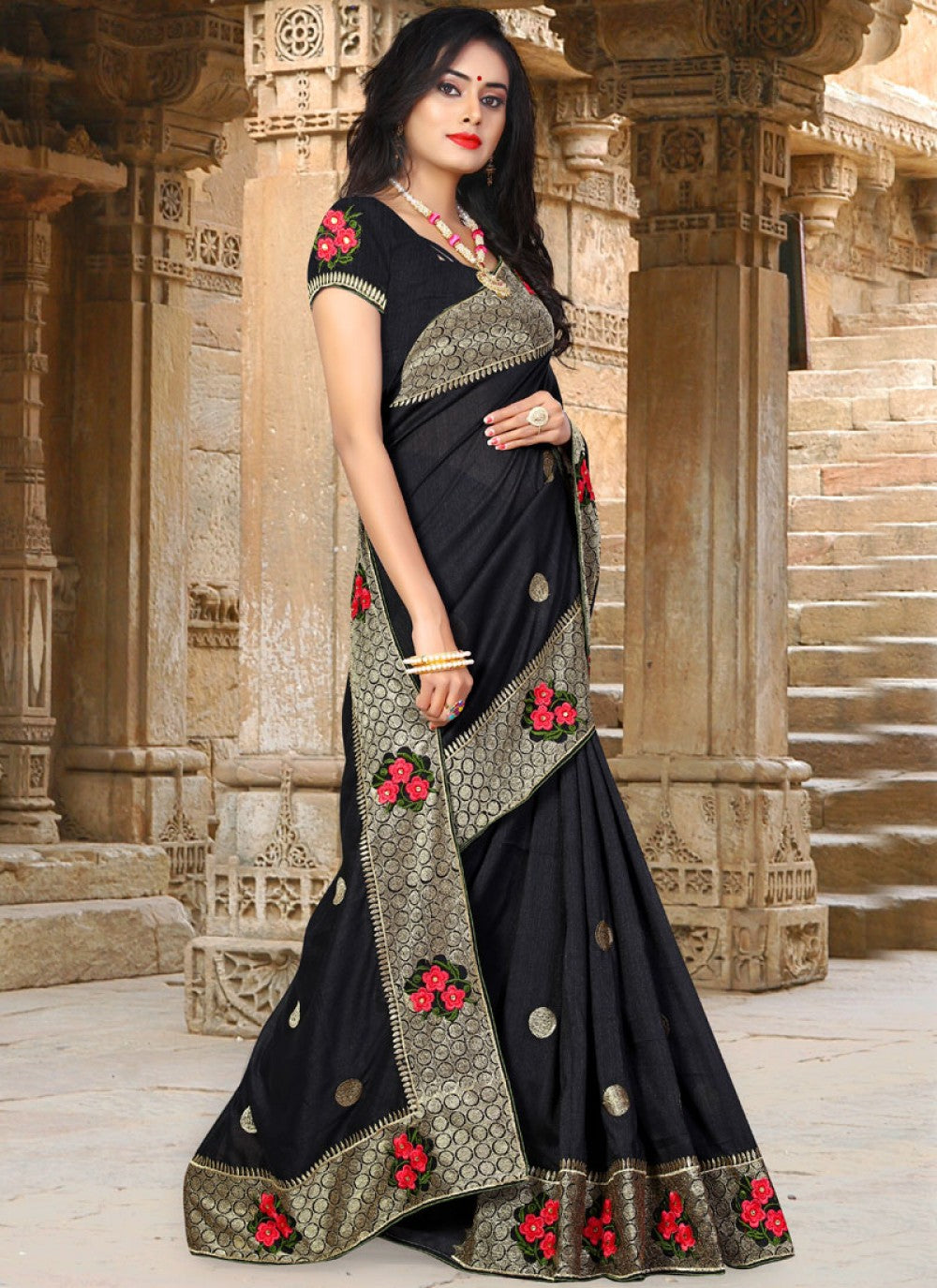 Traditional Embroidered Art Silk Saree - S0011