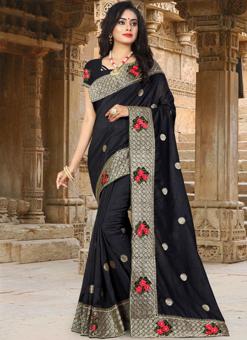 Traditional Embroidered Art Silk Saree - S0011