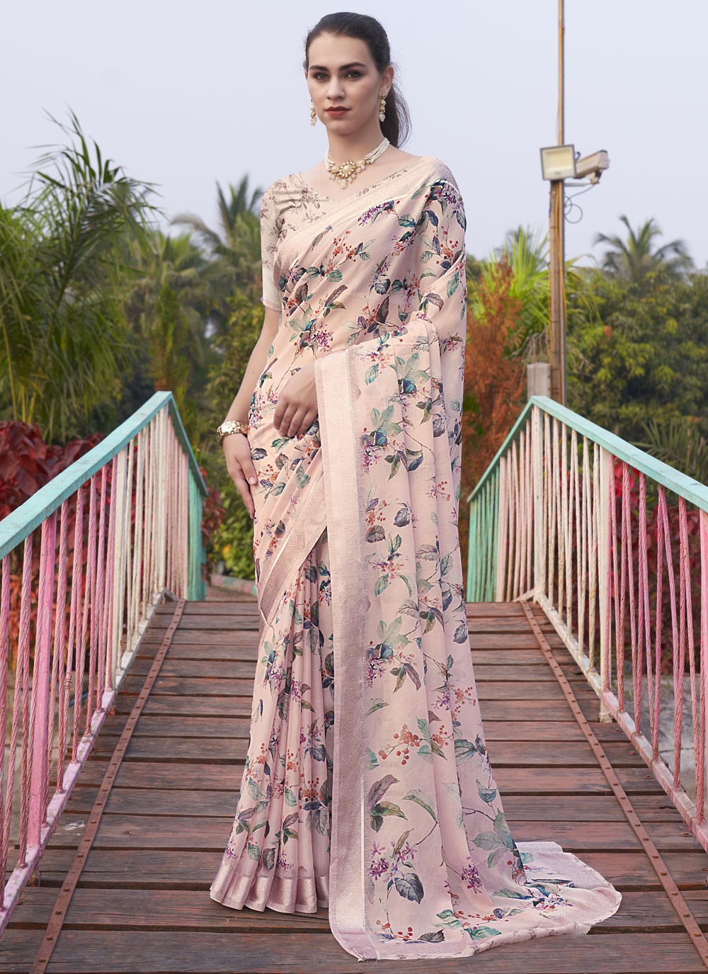 Contemporary Digital Print Georgette Aqua Blue Saree - S11148