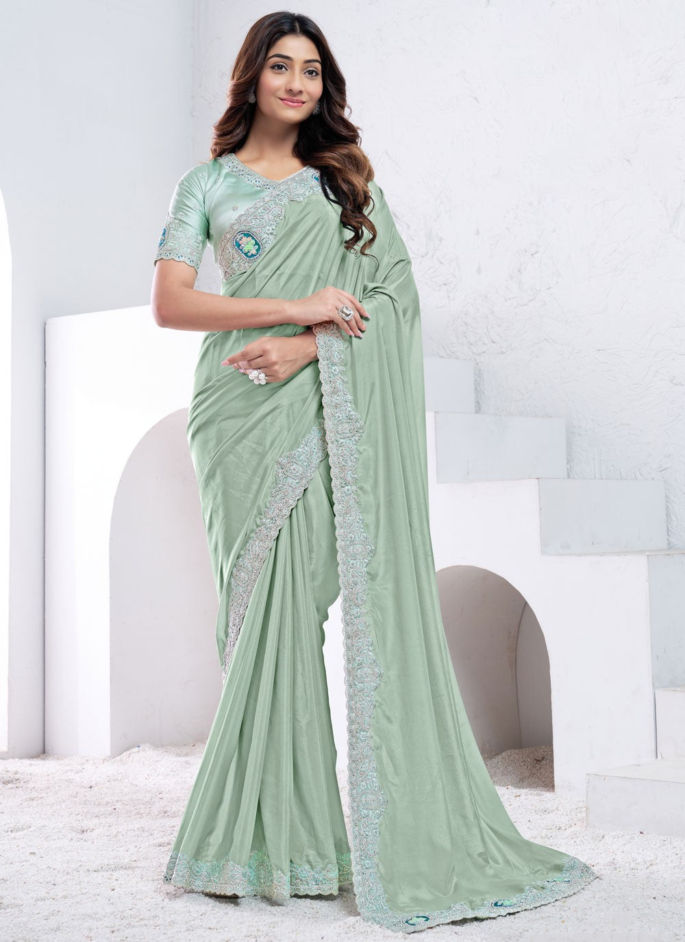 Embroidered, Moti, Sequins Crepe Silk Saree - S12036