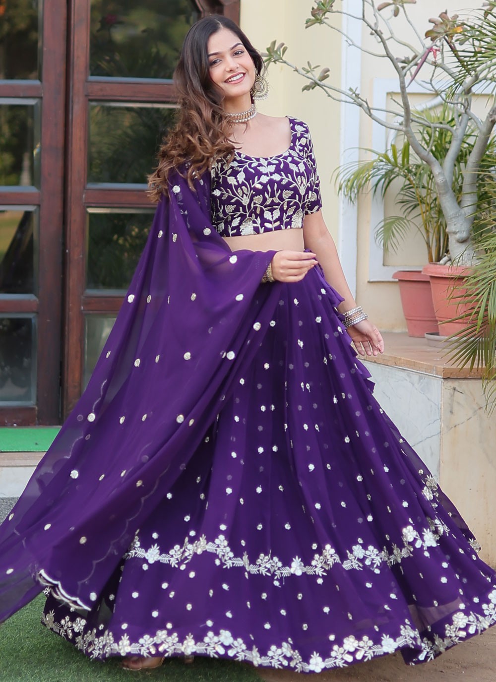 Embroidered Faux Georgette A - Line Lehenga - L1552