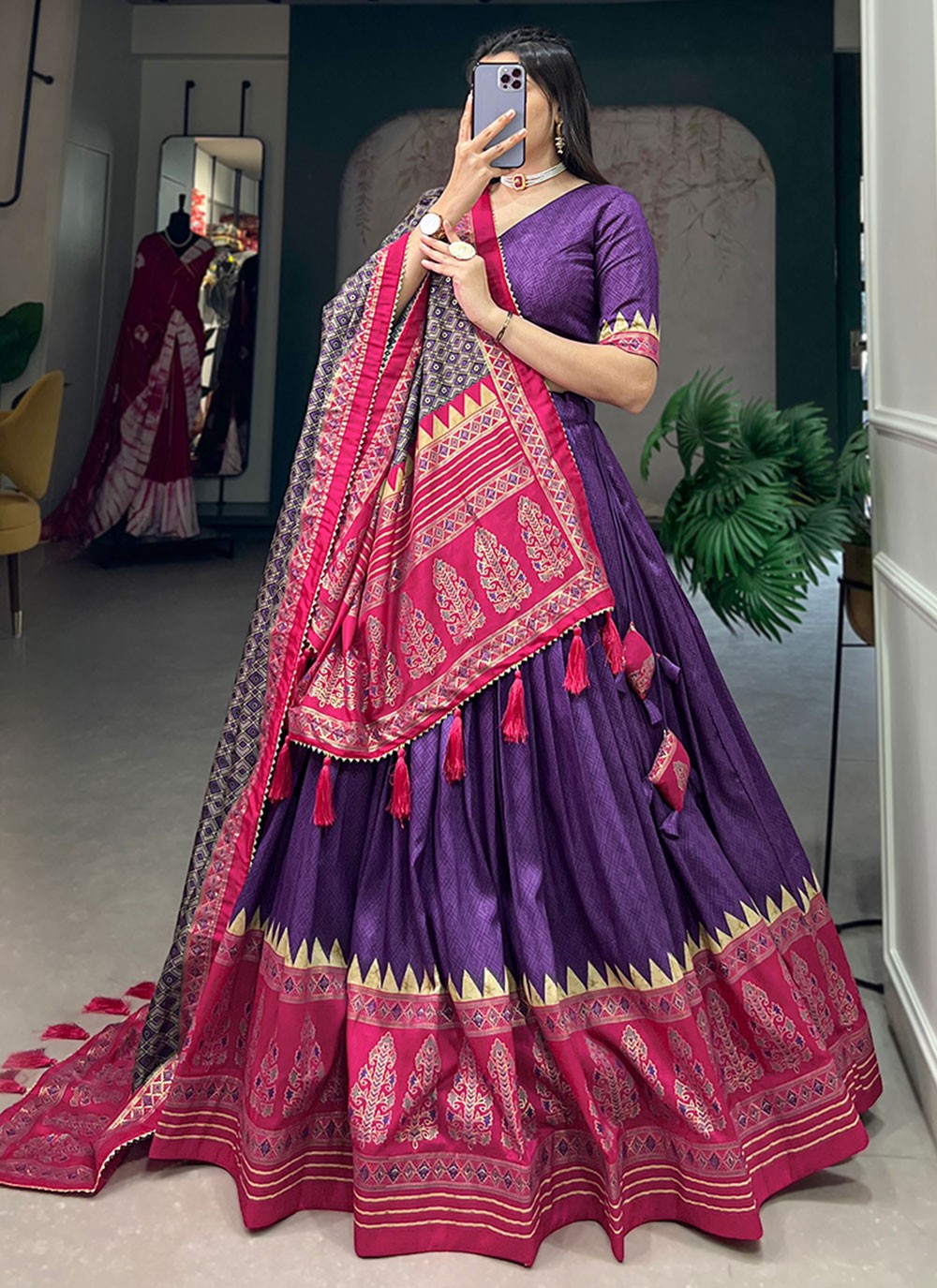 Foliage Prints Tussar Silk A - Line Lehenga - L1563