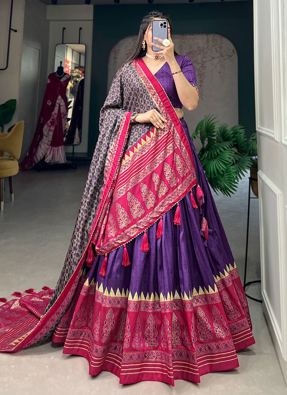 Foliage Prints Tussar Silk A - Line Lehenga - L1563