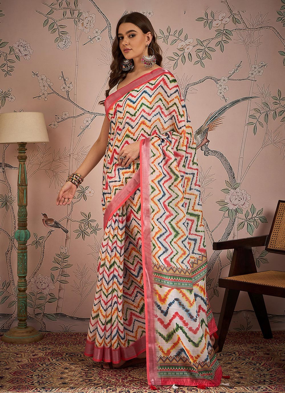 Classic Digital Print Linen Pink Saree - S10937