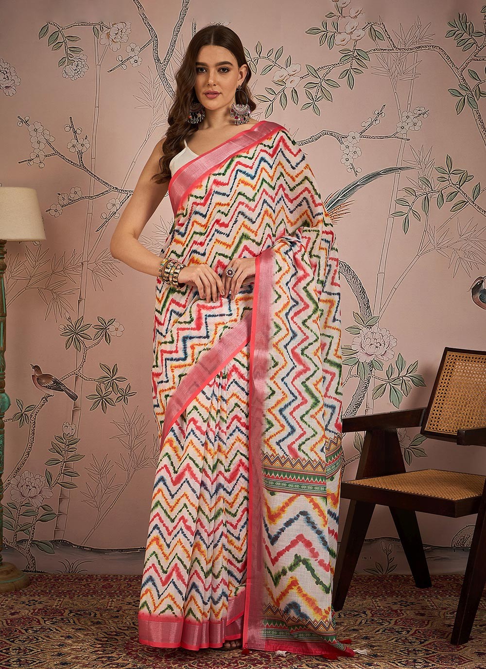 Classic Digital Print Linen Pink Saree - S10937