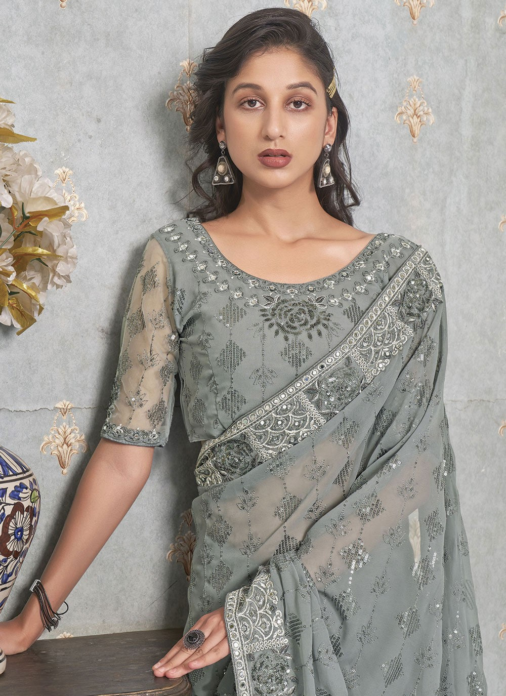 Trendy Embroidered Faux Georgette Saree - S4819