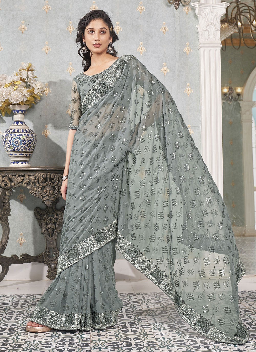 Trendy Embroidered Faux Georgette Saree - S4819