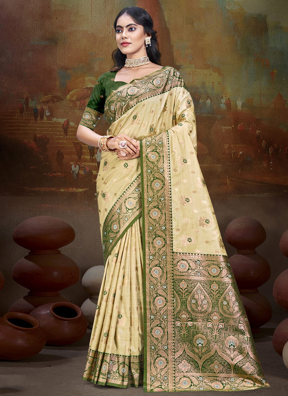 Trendy Weaving Zari Silk Cream, Purple Saree - S11027