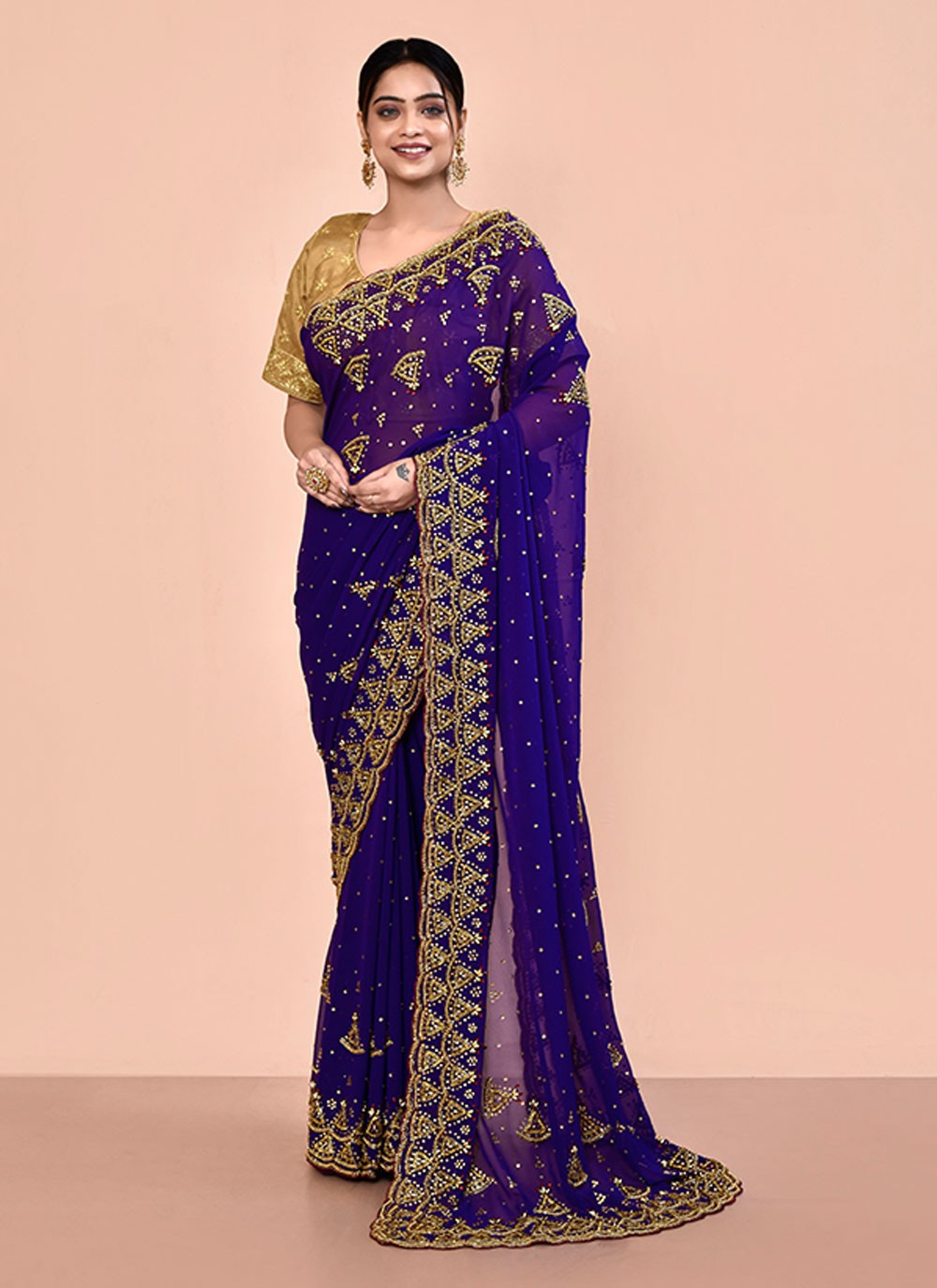 Contemporary Hand Embroidery Georgette Saree - S5499