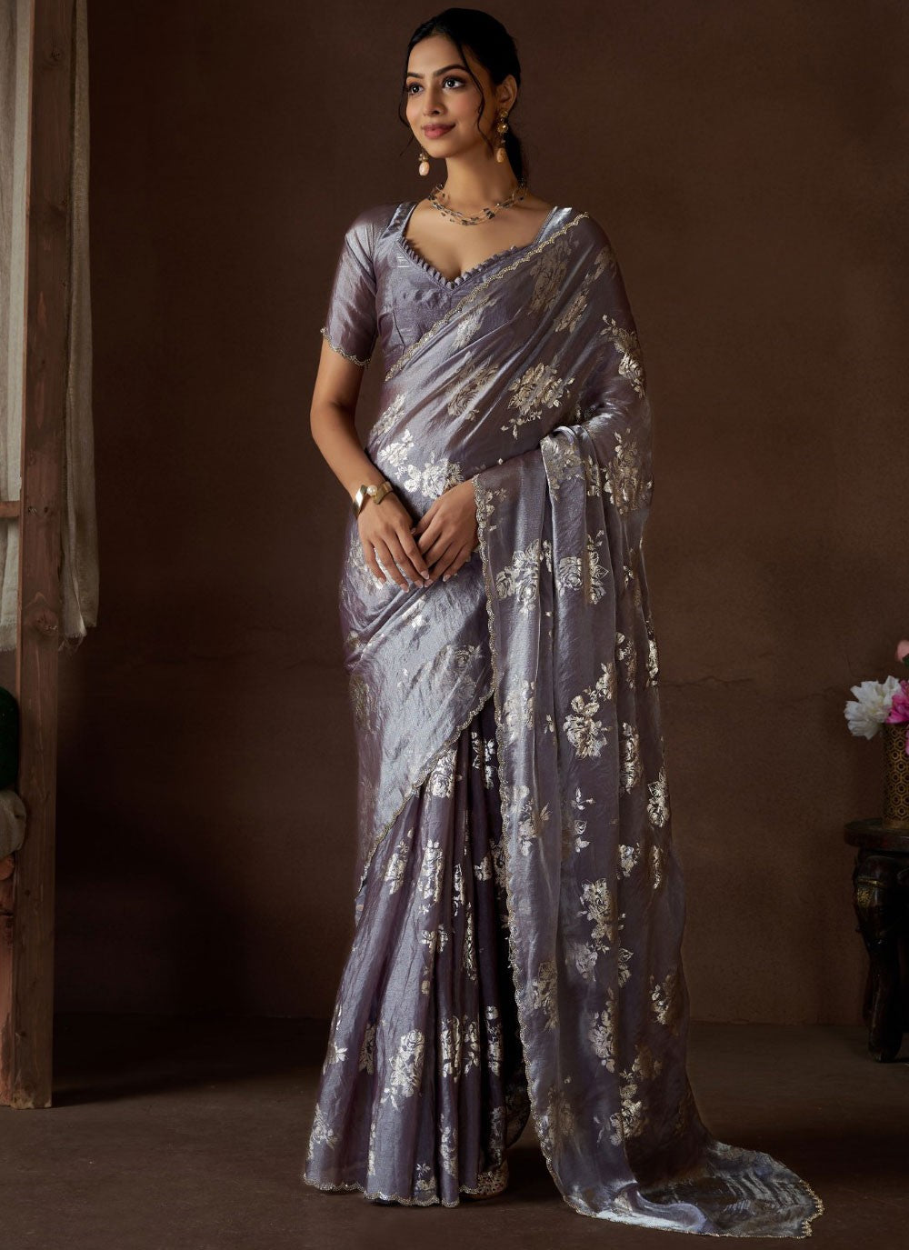 Classic Border Work Satin Silk Lavender Saree - S10878