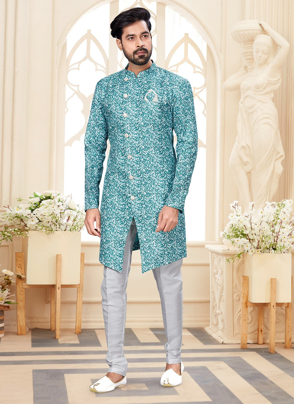 Digital Print Jacquard Turquoise, White Indo Western - M2931