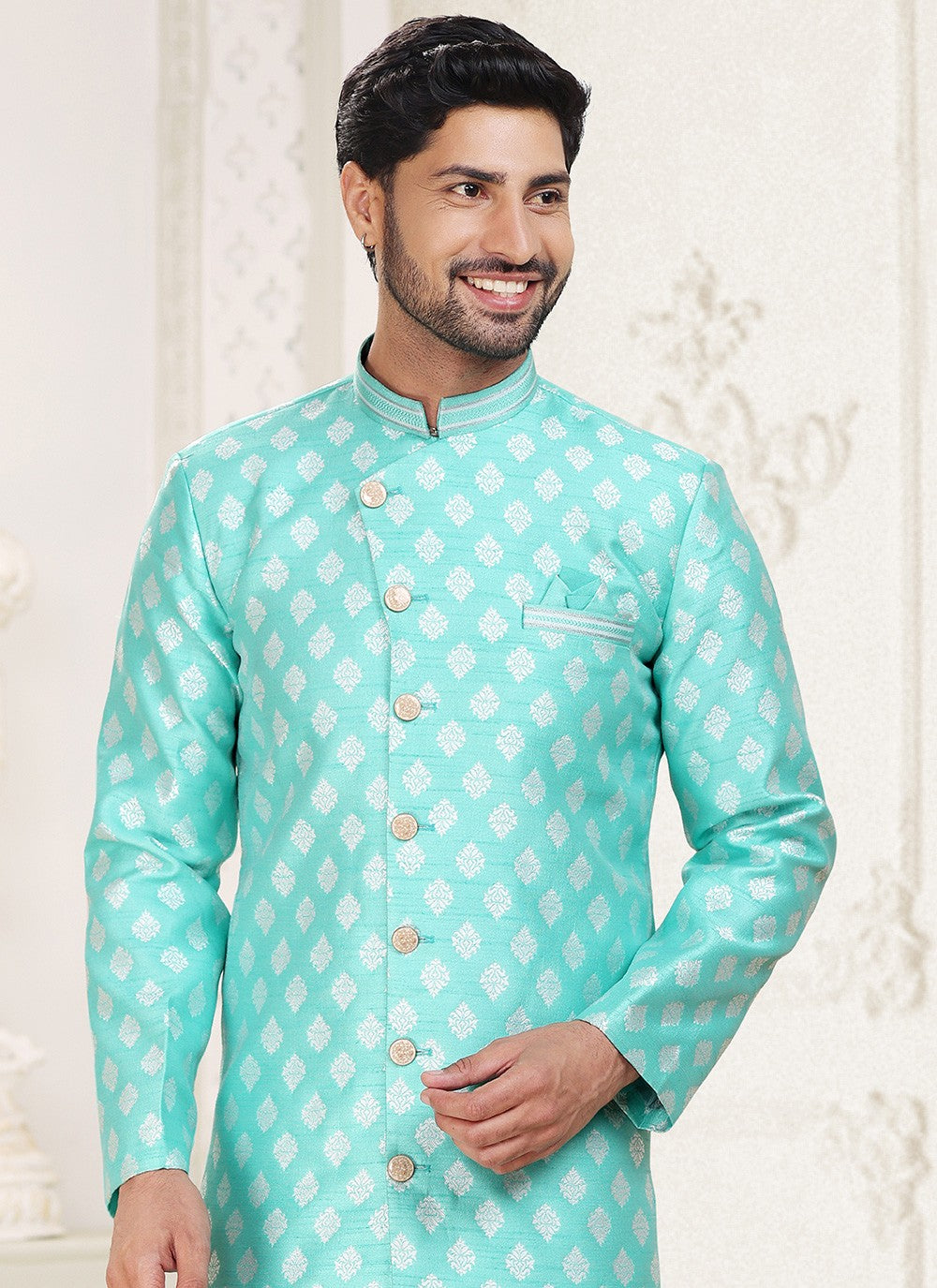 Jacquard Work Banarasi Jacquard Turquoise Indo Western - M5281