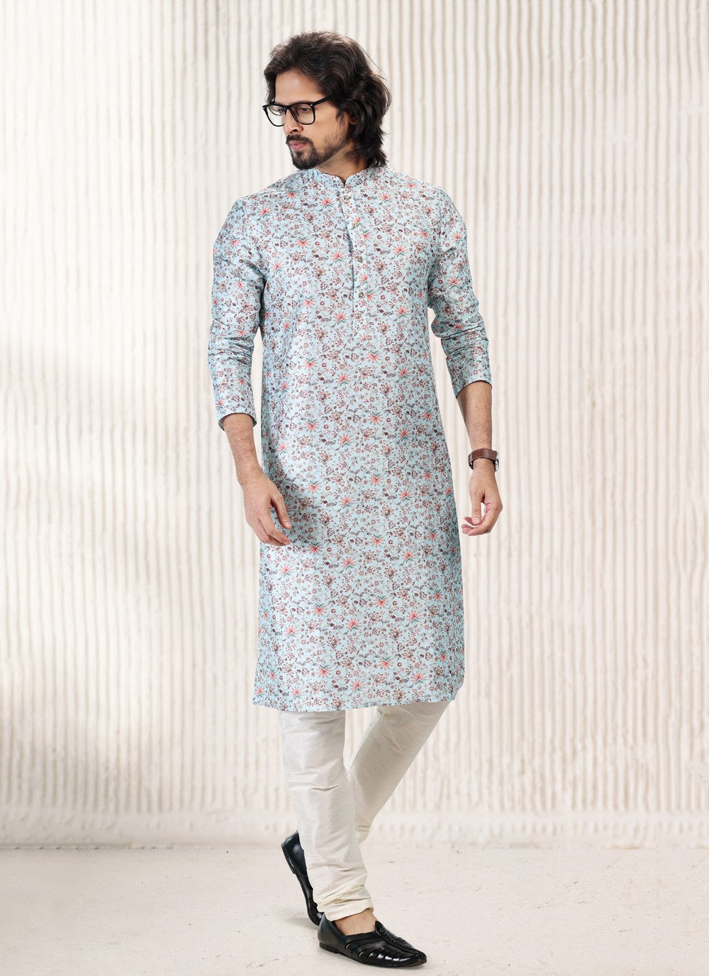 Fancy Work Banarasi Jacquard Turquoise Kurta Pyjama - M5181